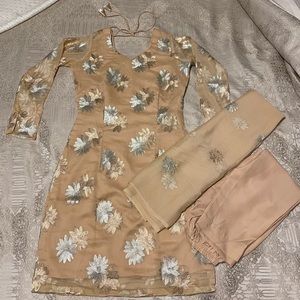 Tan Designer Indian Dress with Flower Designs